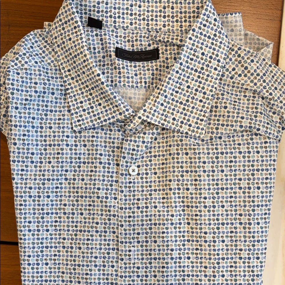 Saks Fifth Avenue White and Blue Patterned Shirt